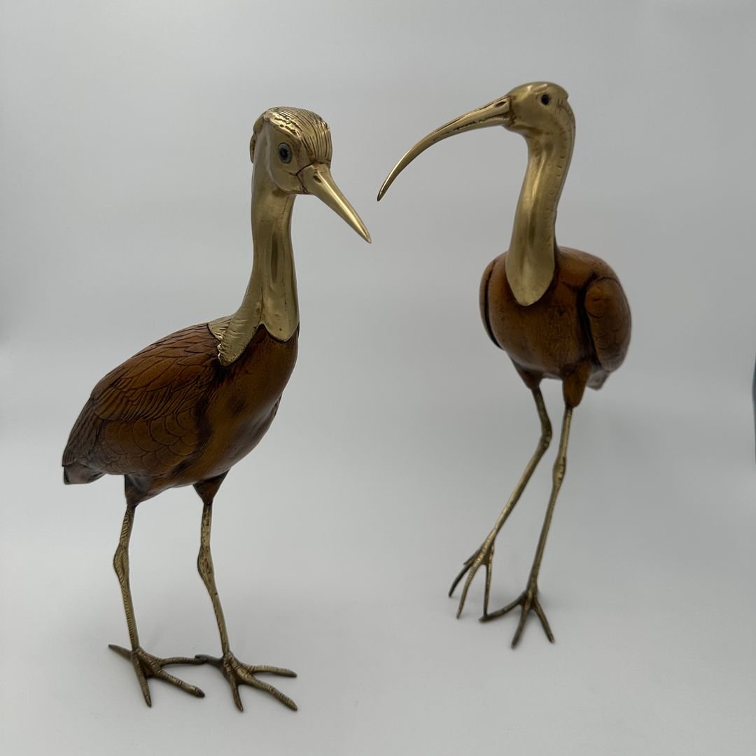 Pair Of Wood And Chiseled Brass Birds-photo-2