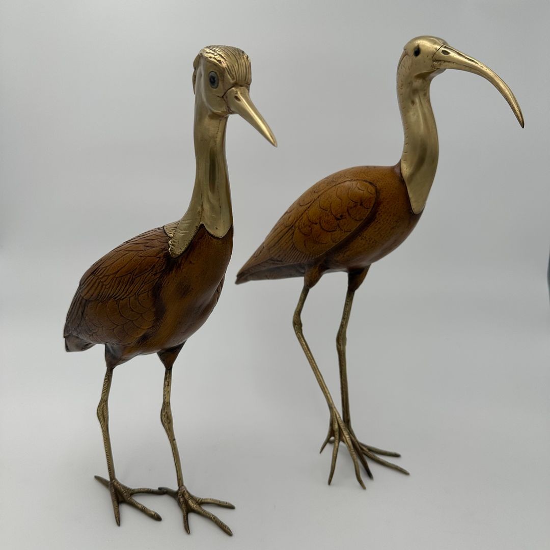 Pair Of Wood And Chiseled Brass Birds