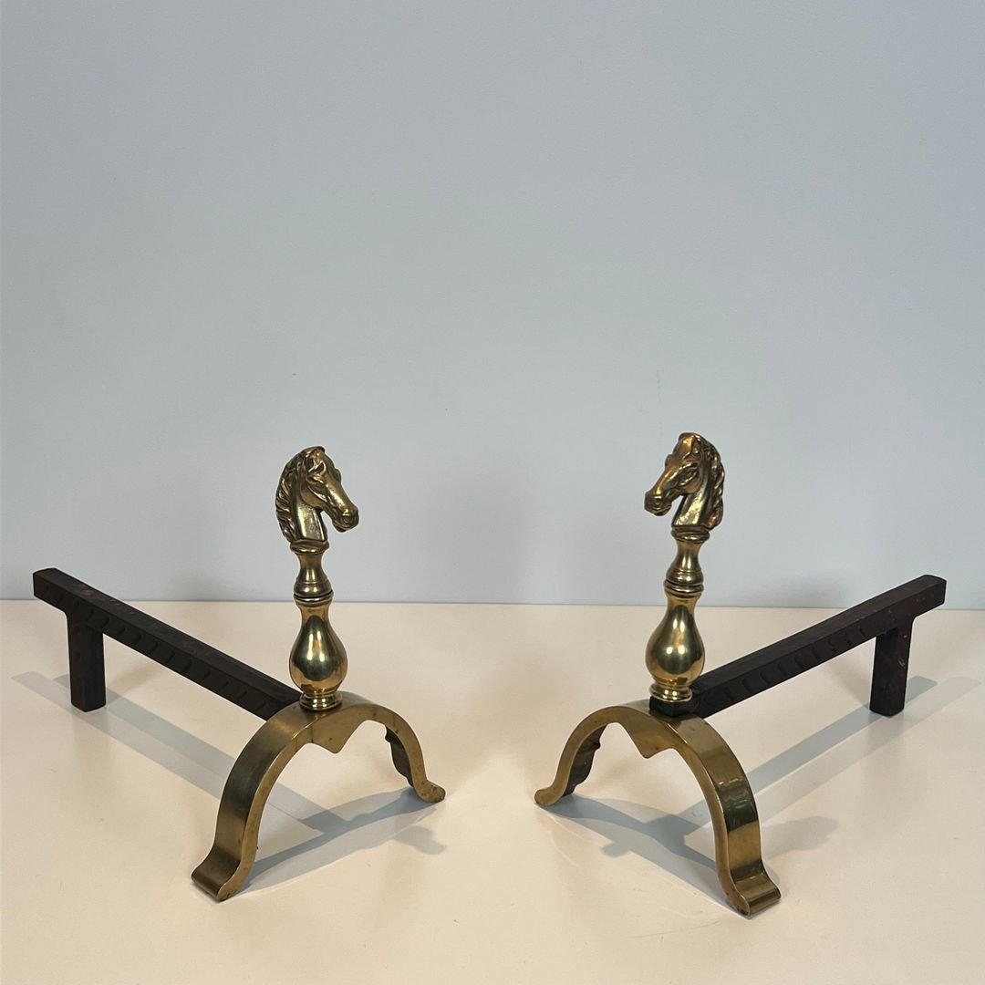 Pair Of Brass Horses Andirons-photo-2