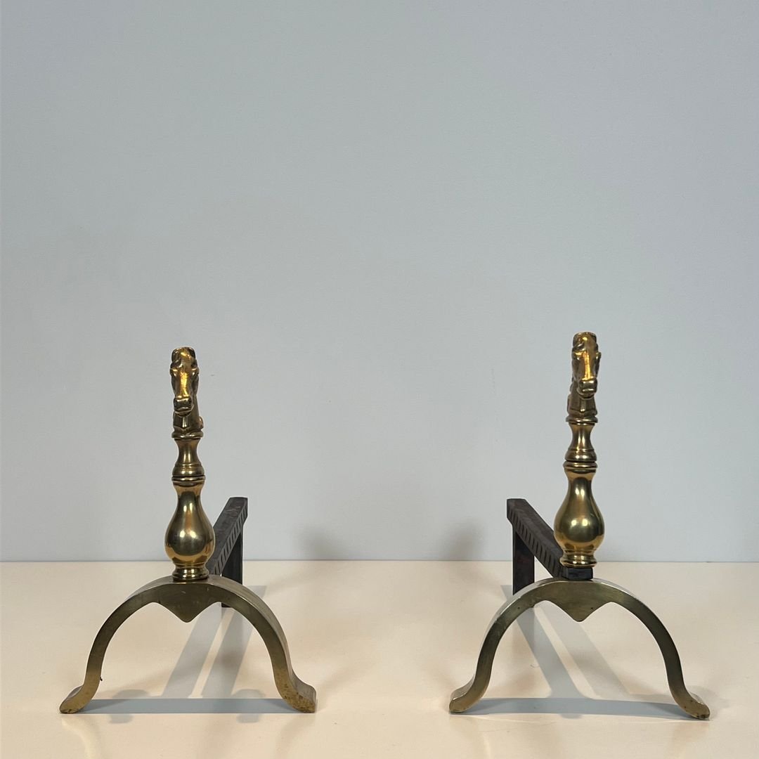 Pair Of Brass Horses Andirons-photo-4