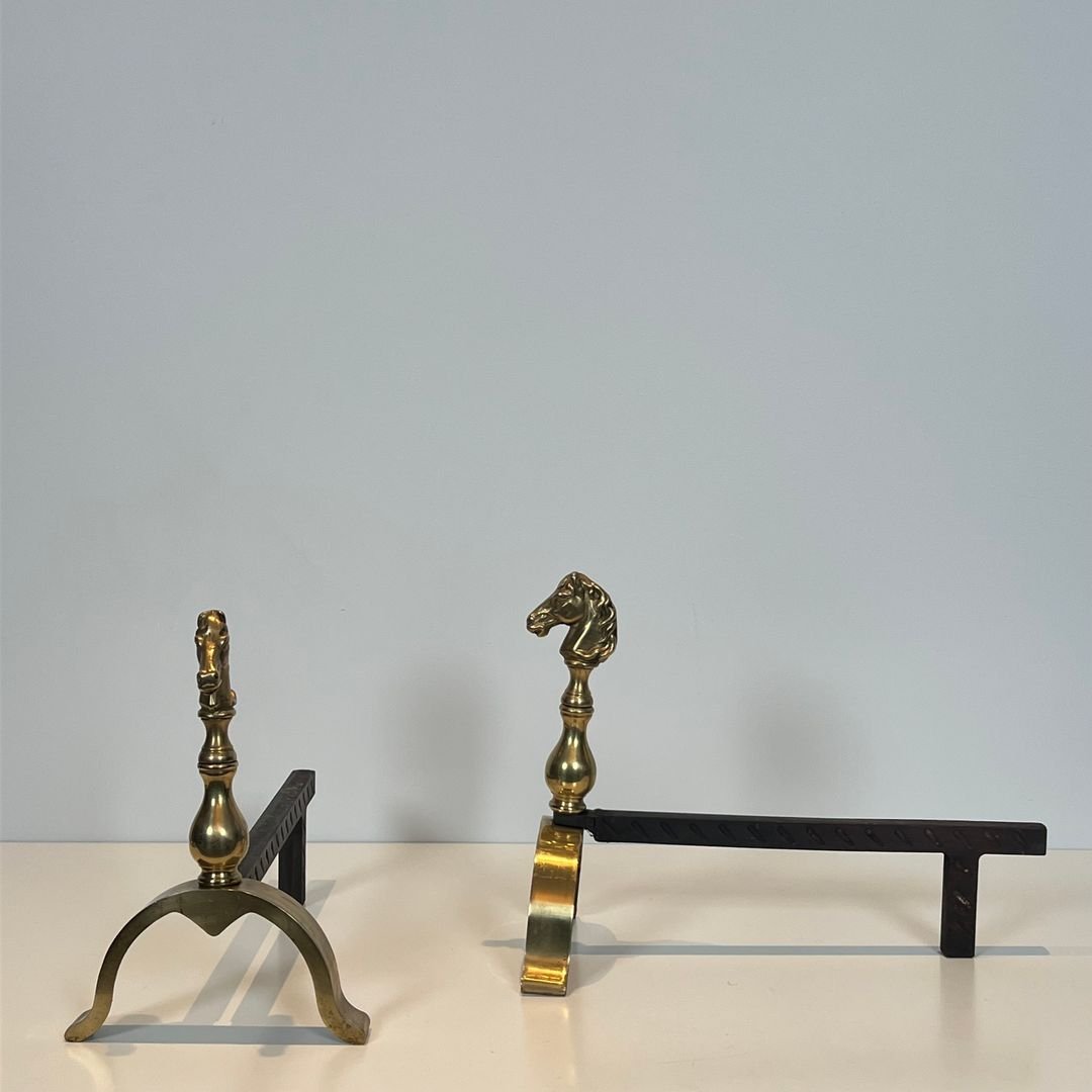 Pair Of Brass Horses Andirons-photo-1