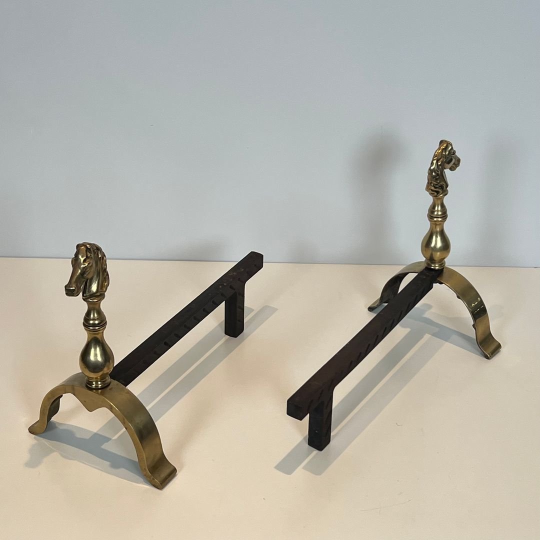 Pair Of Brass Horses Andirons-photo-2