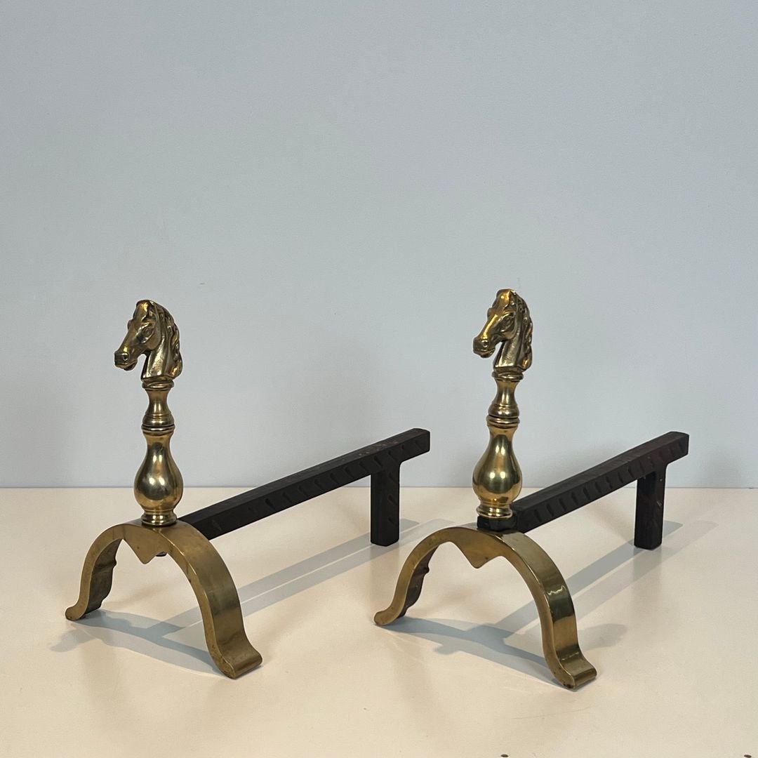 Pair Of Brass Horses Andirons-photo-8