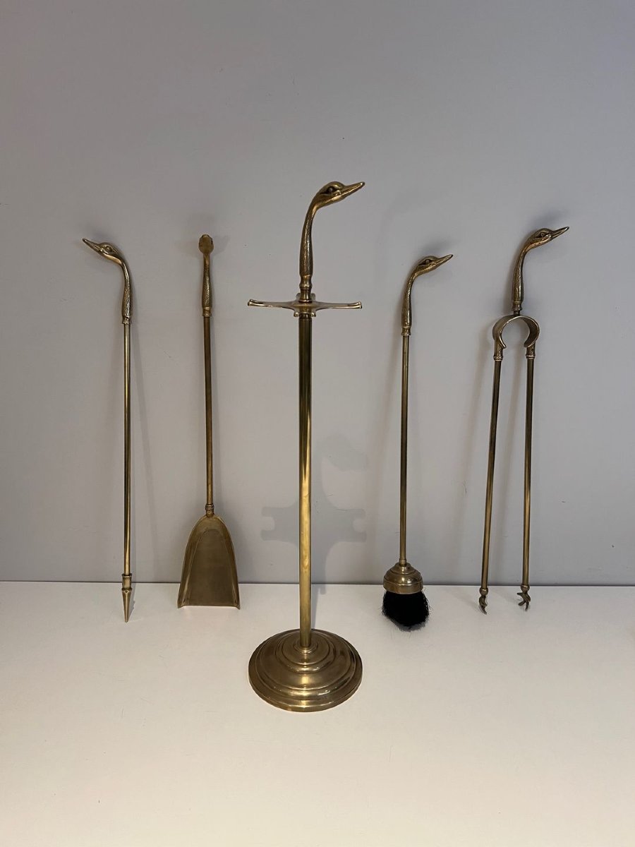 Brass Duck Heads Fireplace Tools In The Style Of Maison Jansen-photo-2