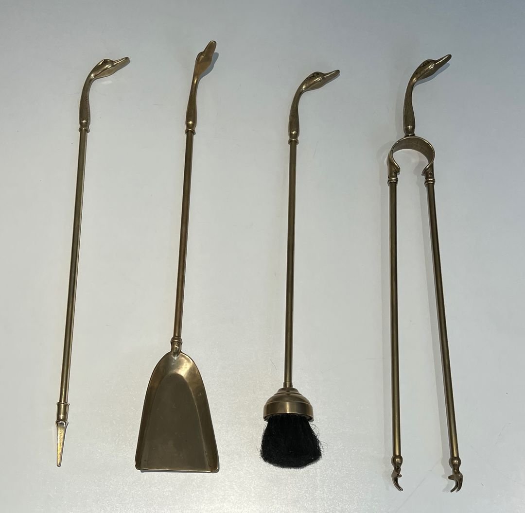 Brass Duck Heads Fireplace Tools In The Style Of Maison Jansen-photo-2