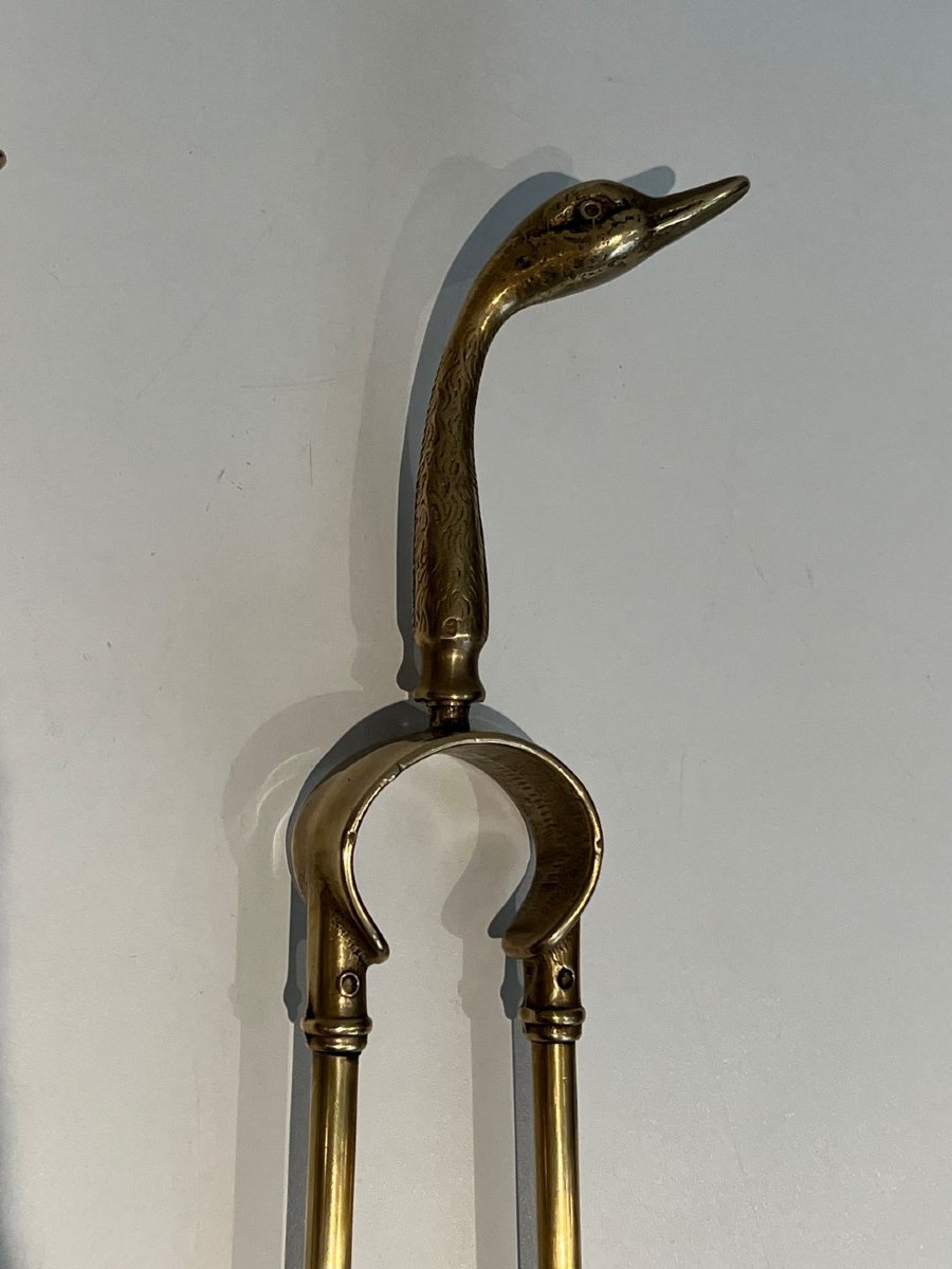 Brass Duck Heads Fireplace Tools In The Style Of Maison Jansen-photo-3