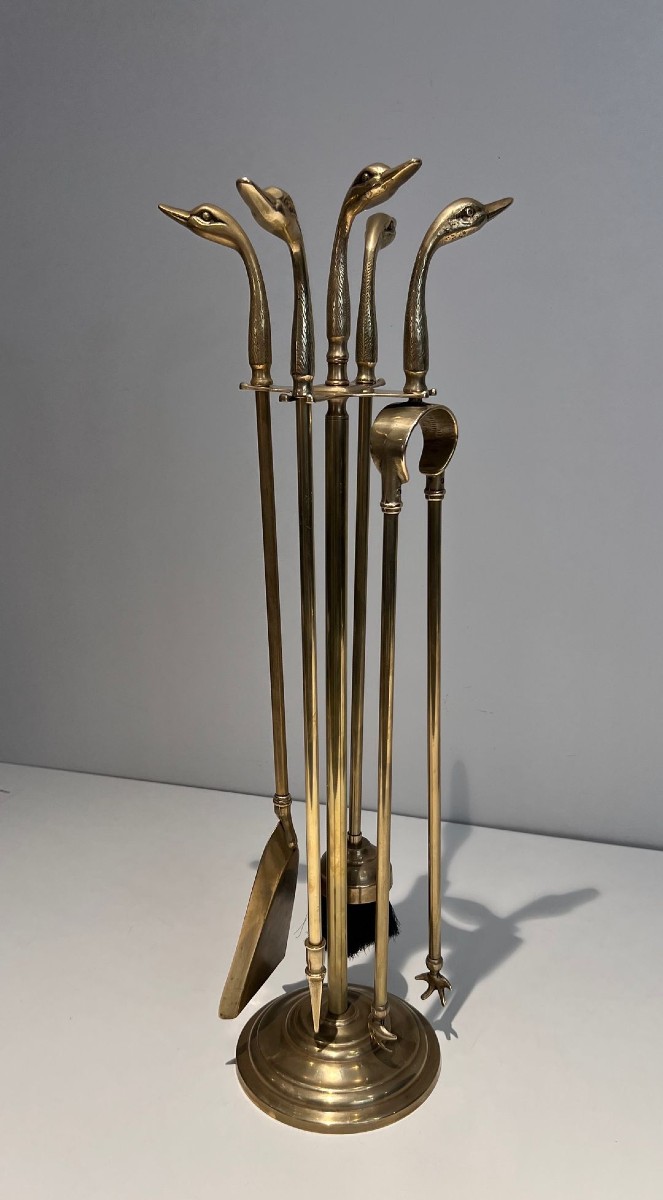 Brass Duck Heads Fireplace Tools In The Style Of Maison Jansen