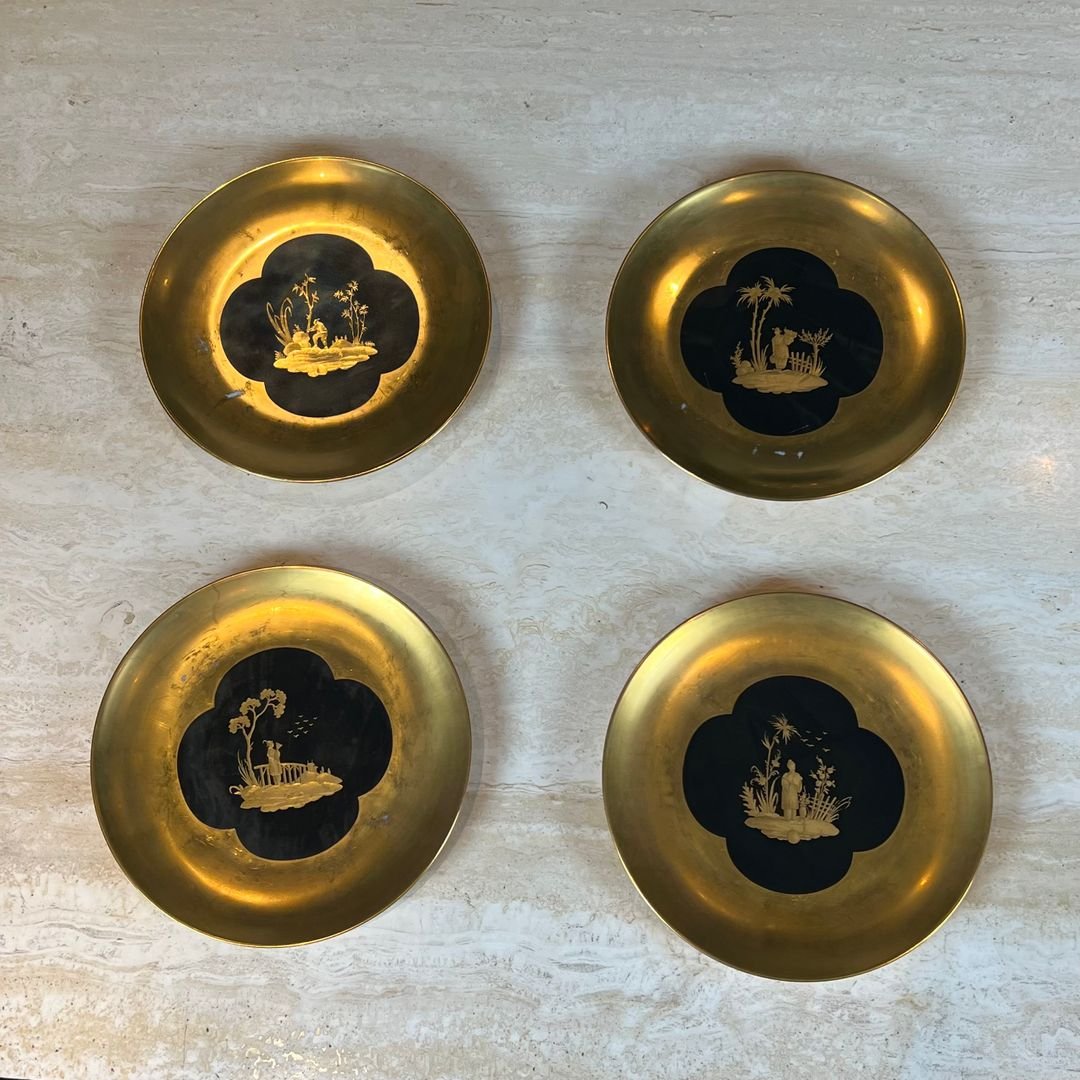 Set Of 8 Gilt Porcelain Plates With Gilt Chinoiserie Decoration On A Black Ground, Signed Delva-photo-3