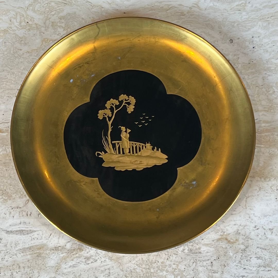 Set Of 8 Gilt Porcelain Plates With Gilt Chinoiserie Decoration On A Black Ground, Signed Delva-photo-3