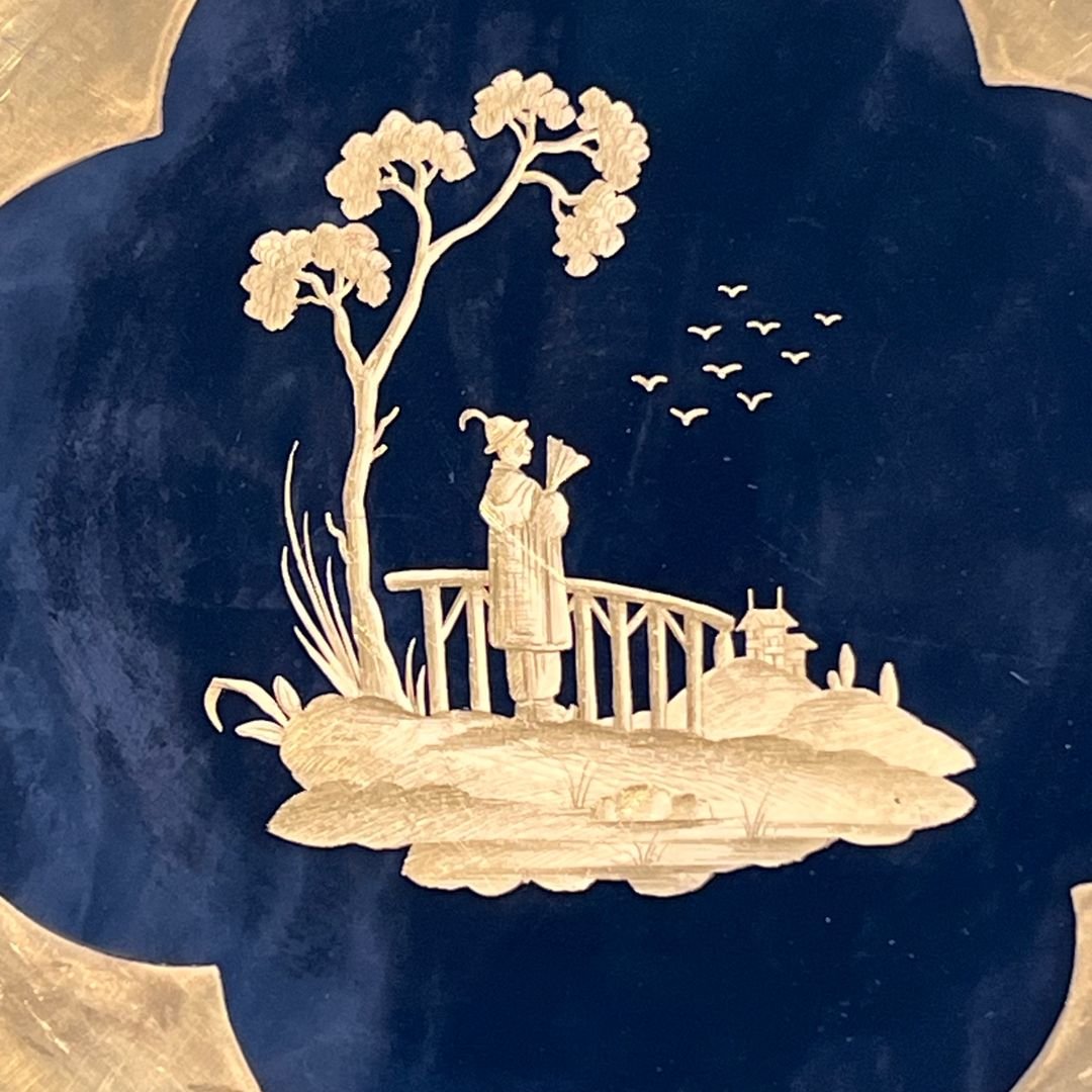 Set Of 8 Gilt Porcelain Plates With Gilt Chinoiserie Decoration On A Black Ground, Signed Delva-photo-4