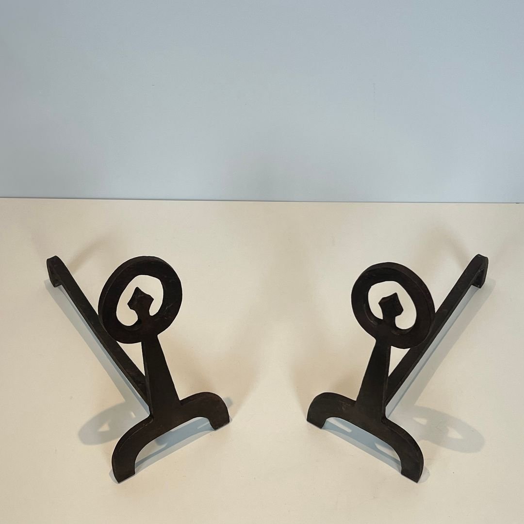 Paire de Chenets Modernistes en Fer Forgé-photo-2