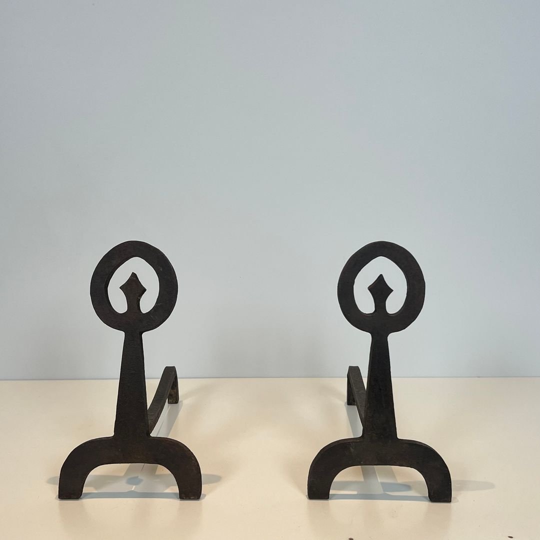 Paire de Chenets Modernistes en Fer Forgé-photo-3