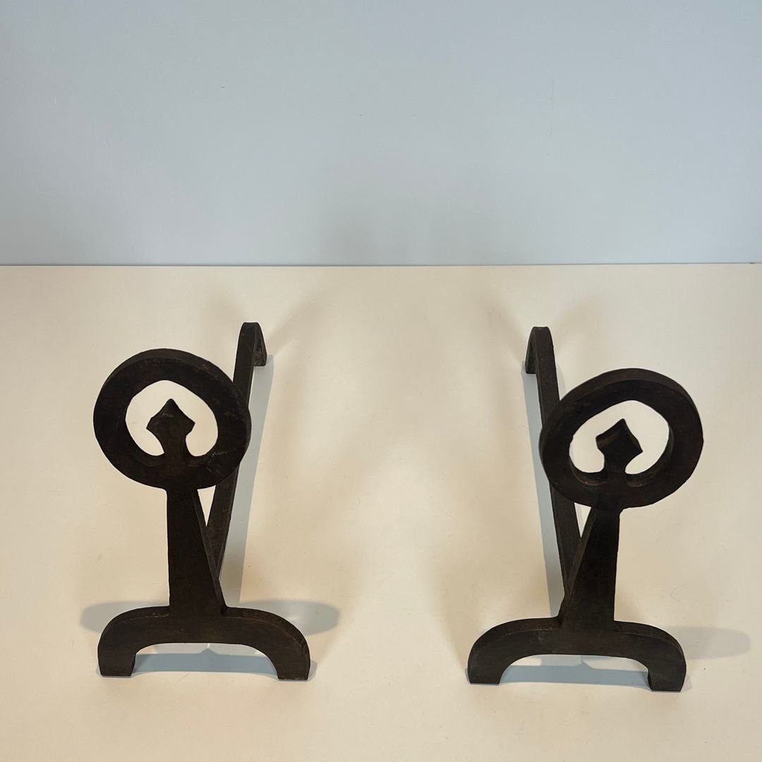 Paire de Chenets Modernistes en Fer Forgé-photo-4