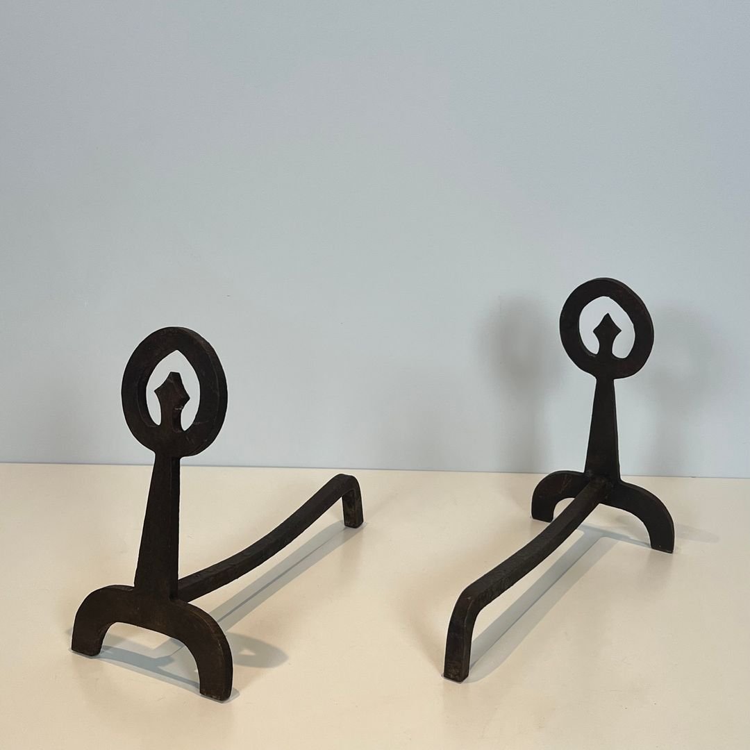 Paire de Chenets Modernistes en Fer Forgé-photo-1