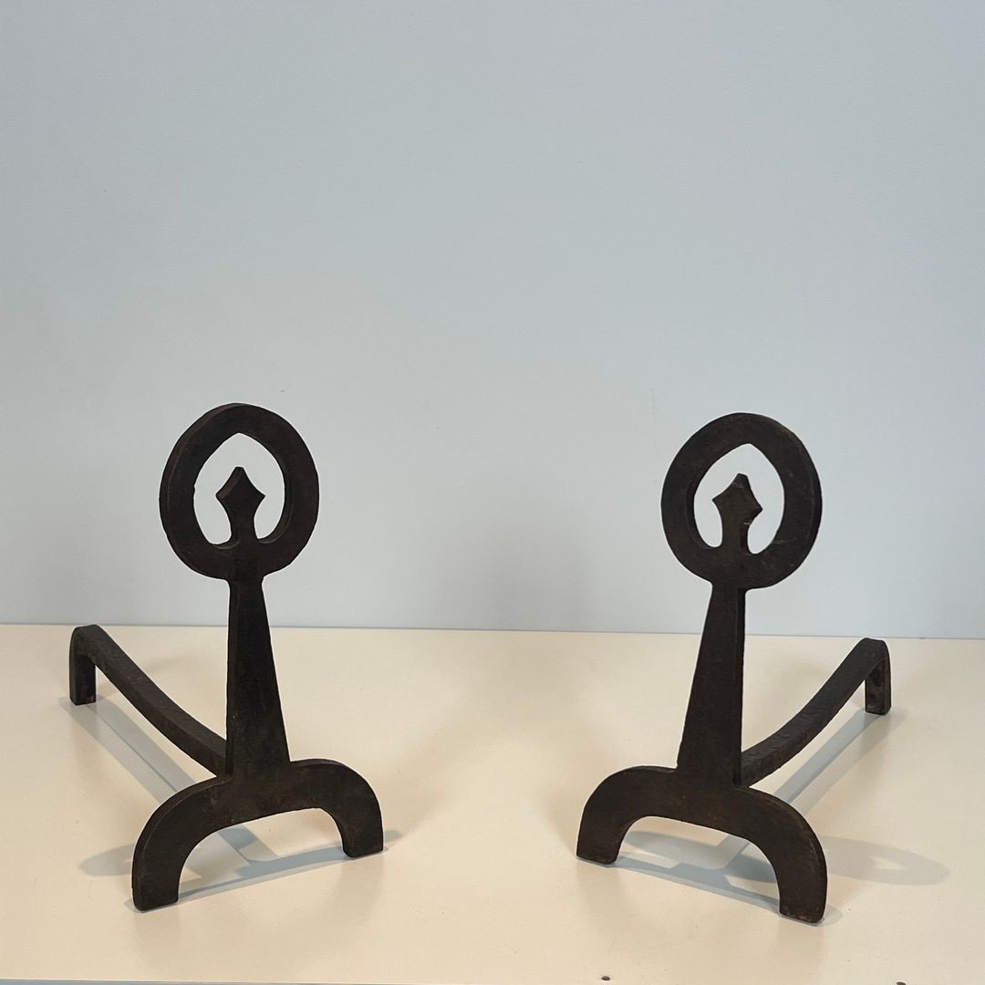 Paire de Chenets Modernistes en Fer Forgé