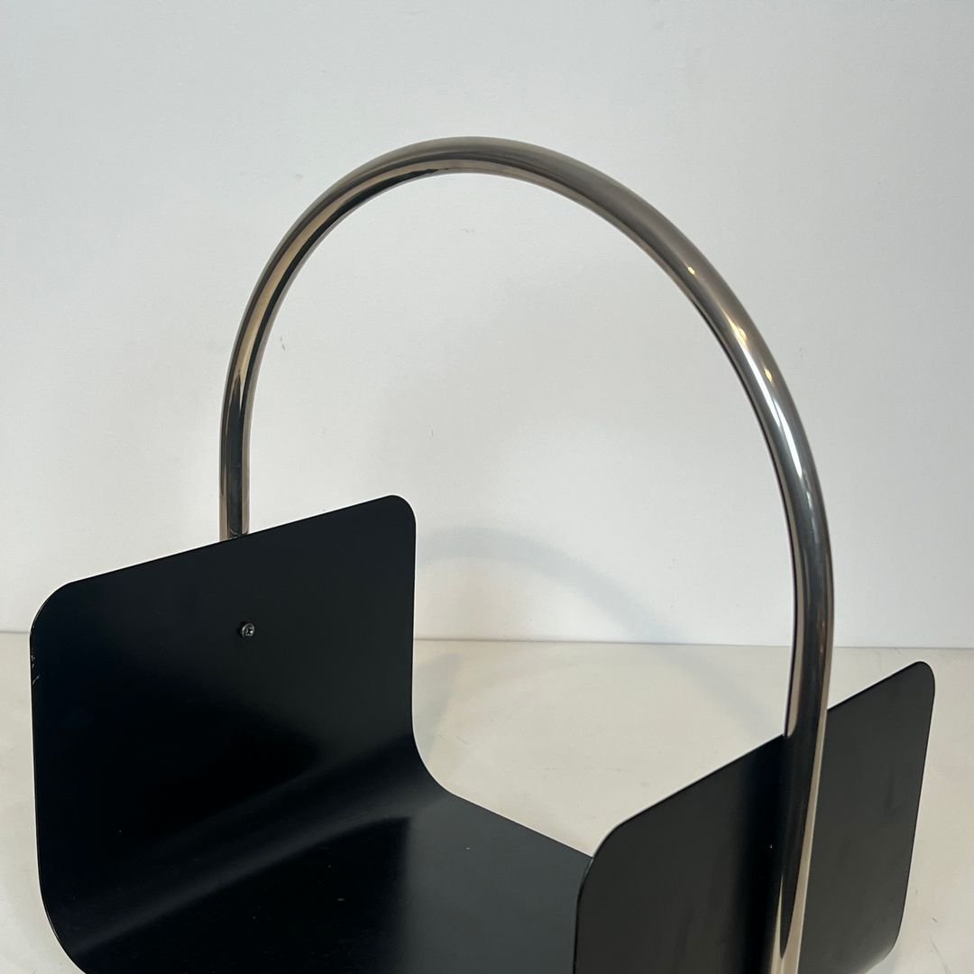 Black Lacquered And Chrome Design Log Holder-photo-3