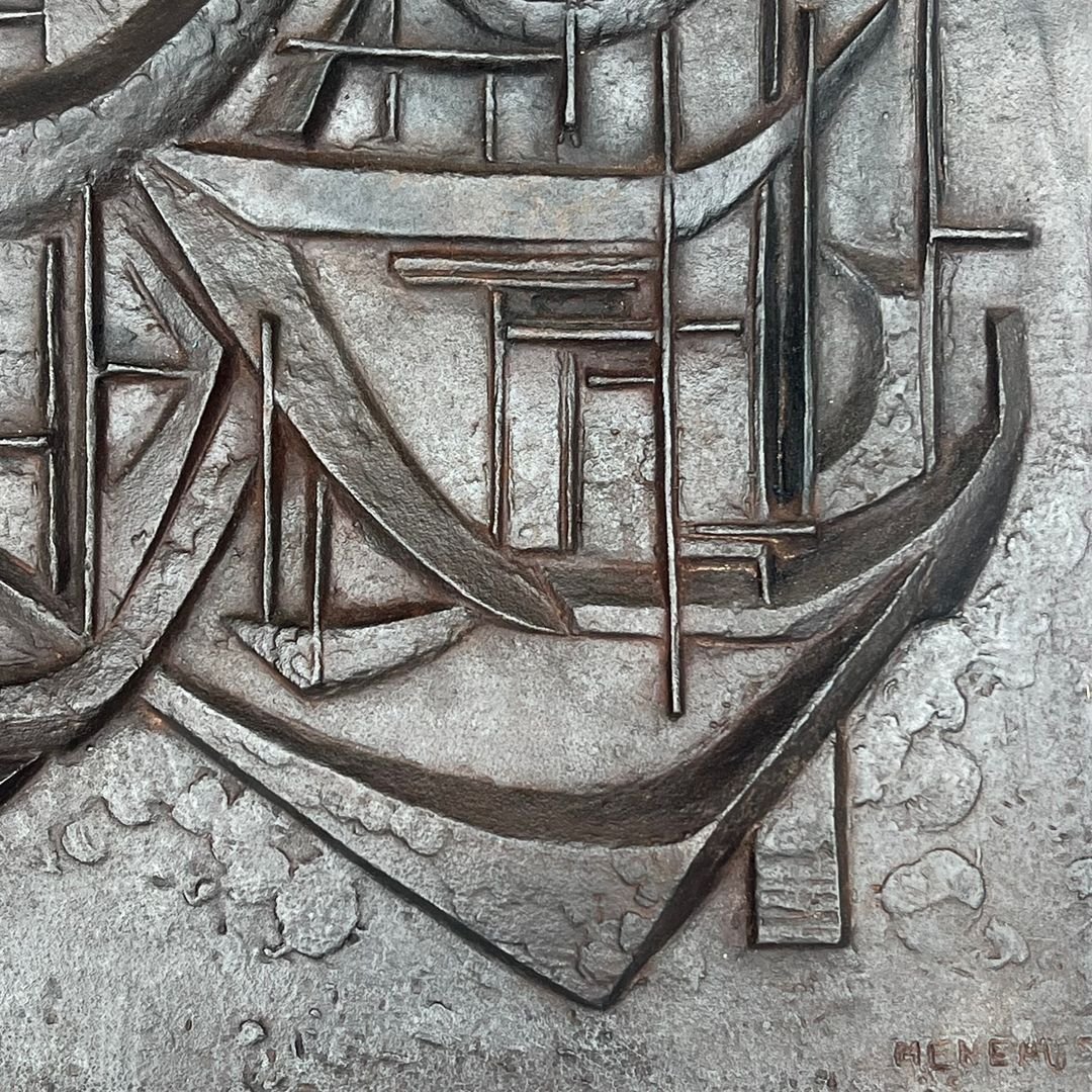 "sailboats" Modernist Cast Iron Fireback, Signed-photo-7