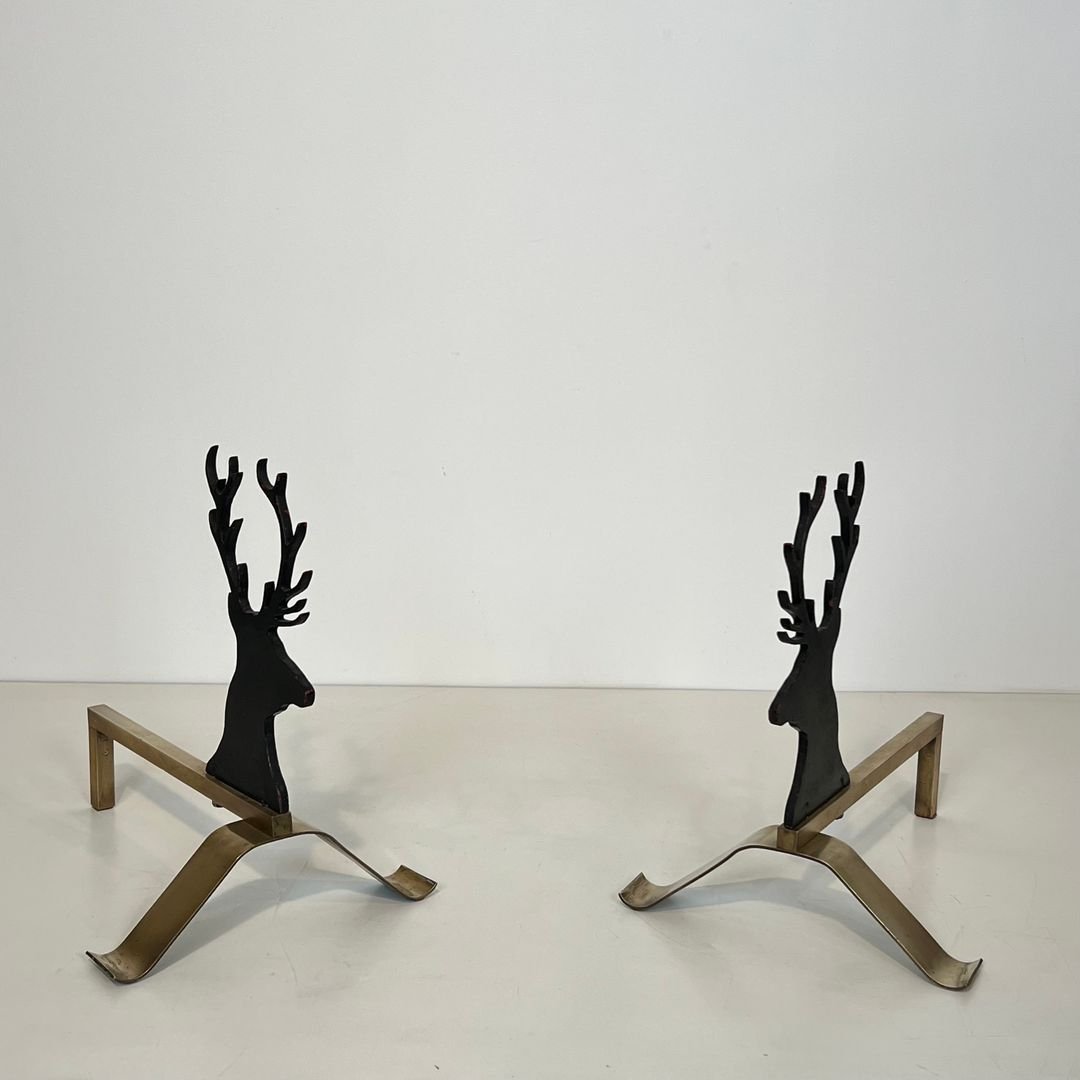 Paire de Chenets Aux Cerfs en Acier Laqué Noir et Laiton-photo-2
