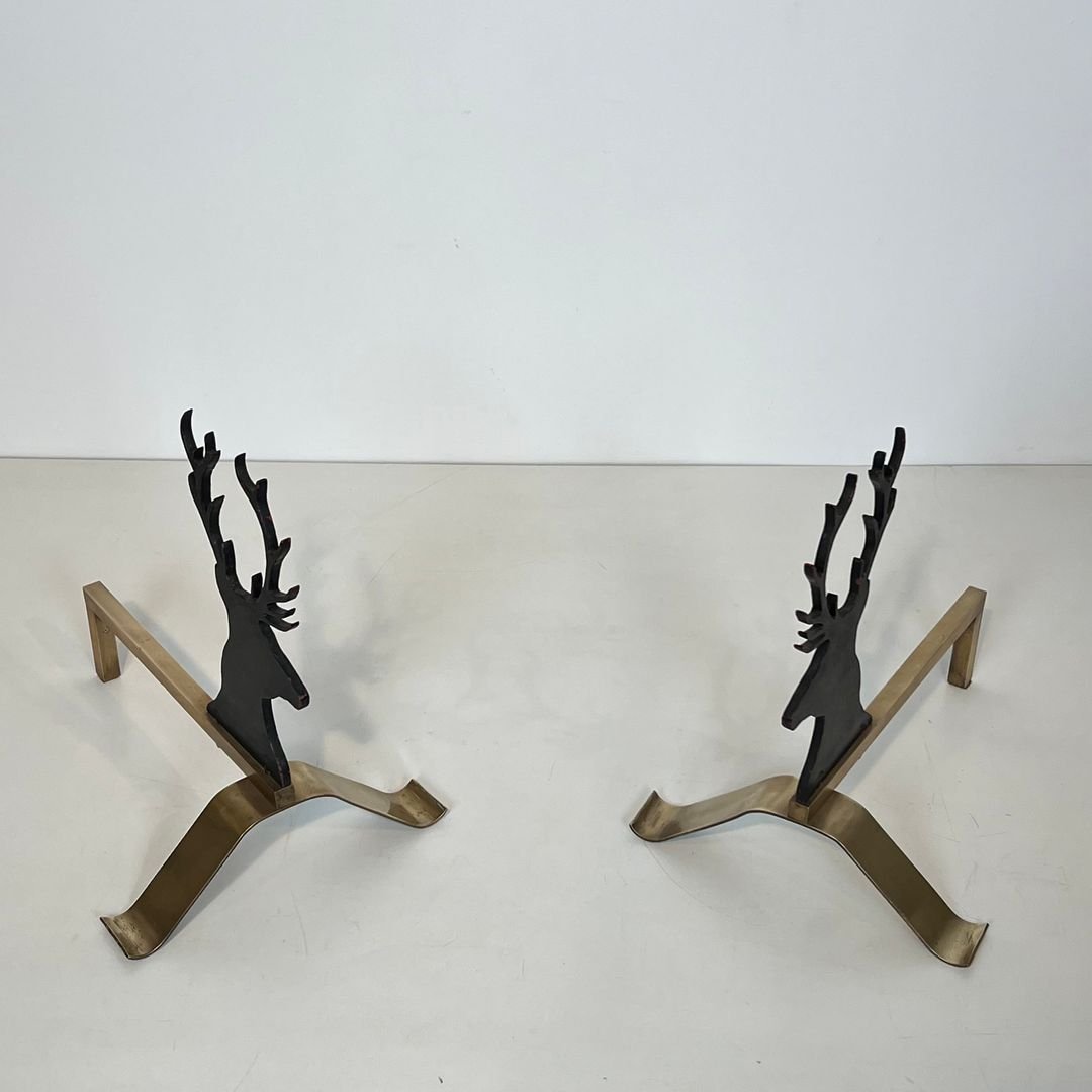 Paire de Chenets Aux Cerfs en Acier Laqué Noir et Laiton-photo-3