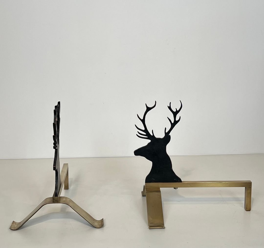 Paire de Chenets Aux Cerfs en Acier Laqué Noir et Laiton-photo-4
