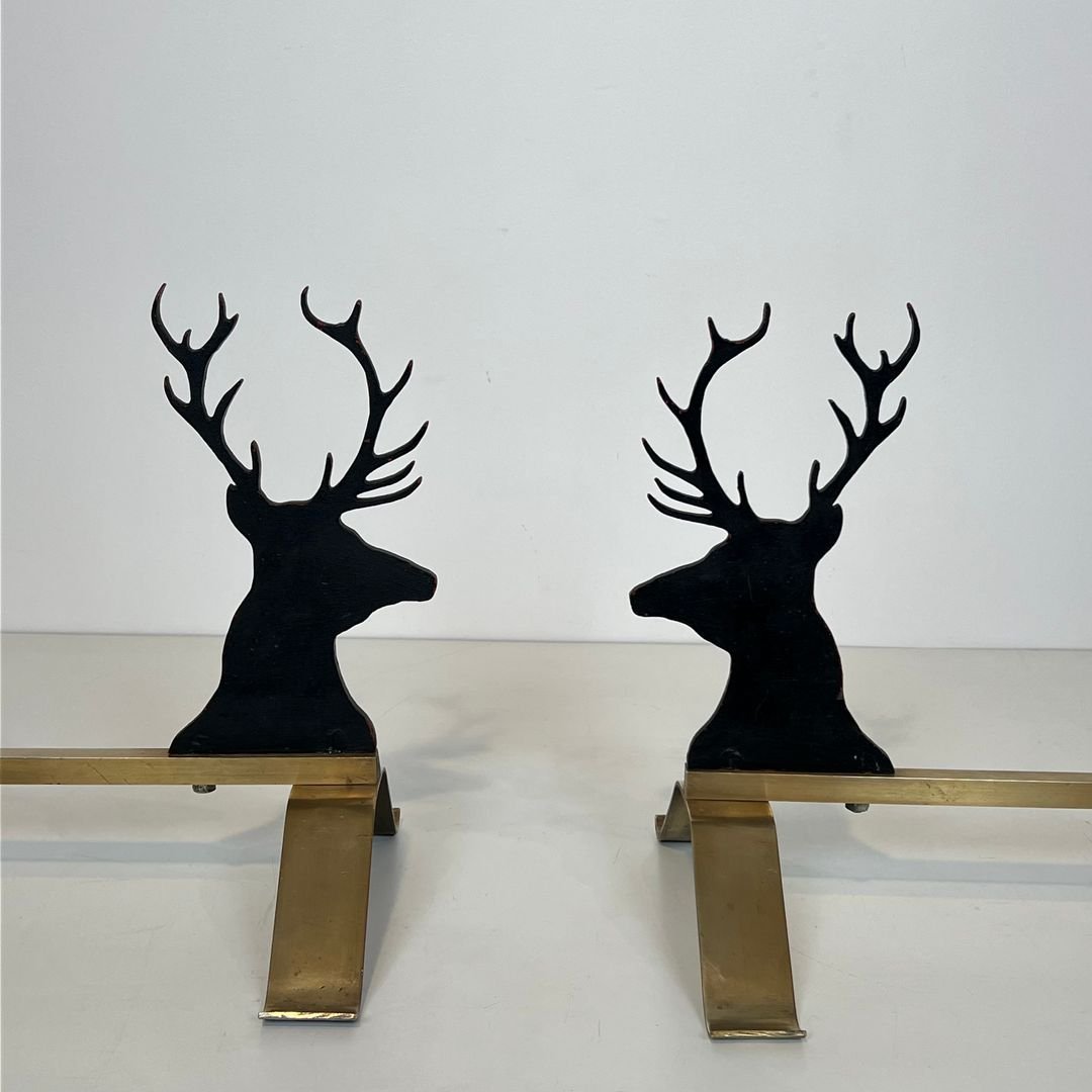 Paire de Chenets Aux Cerfs en Acier Laqué Noir et Laiton-photo-2
