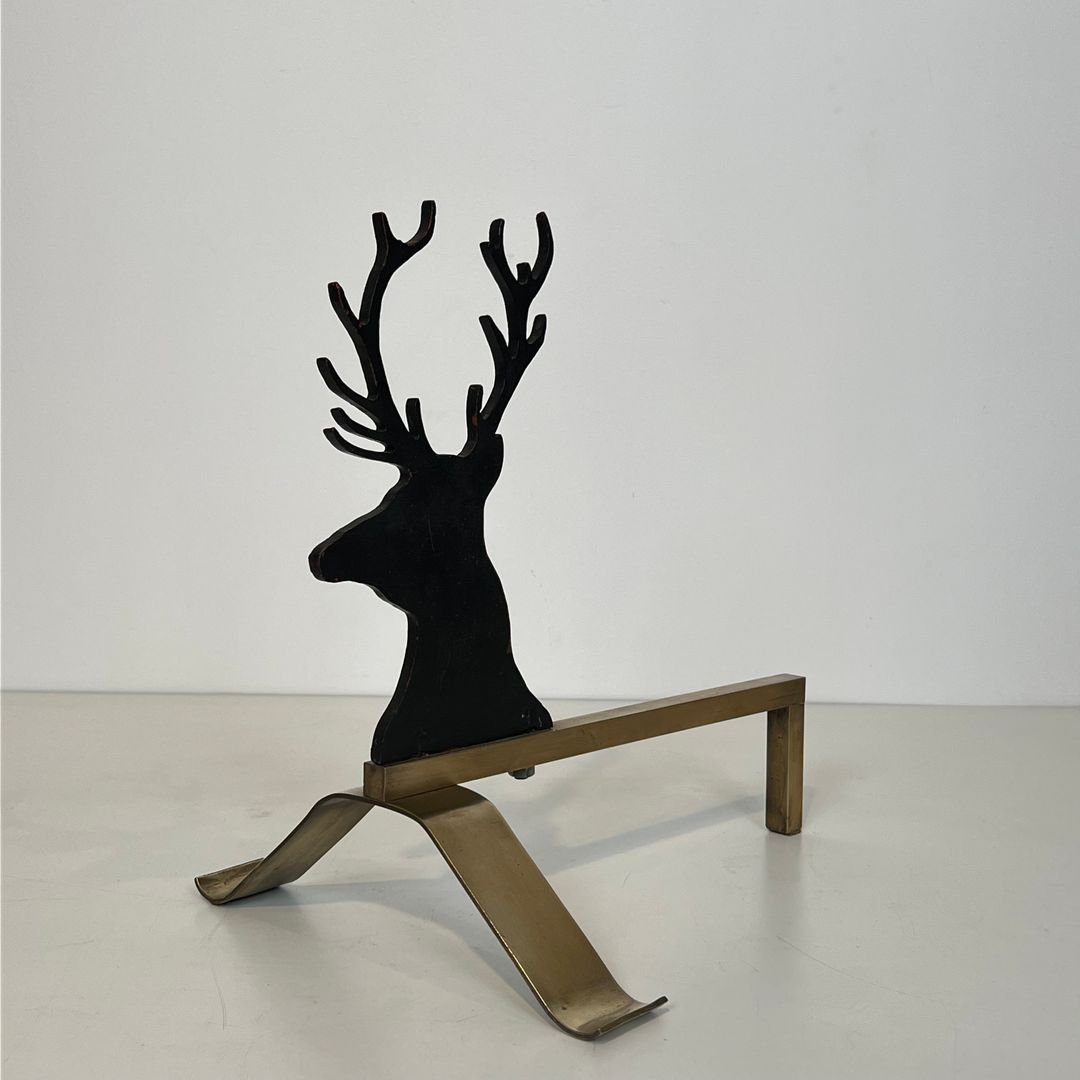 Paire de Chenets Aux Cerfs en Acier Laqué Noir et Laiton-photo-3