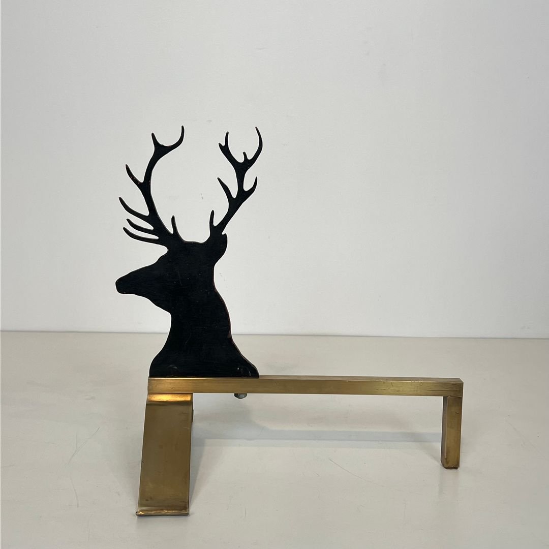 Paire de Chenets Aux Cerfs en Acier Laqué Noir et Laiton-photo-4