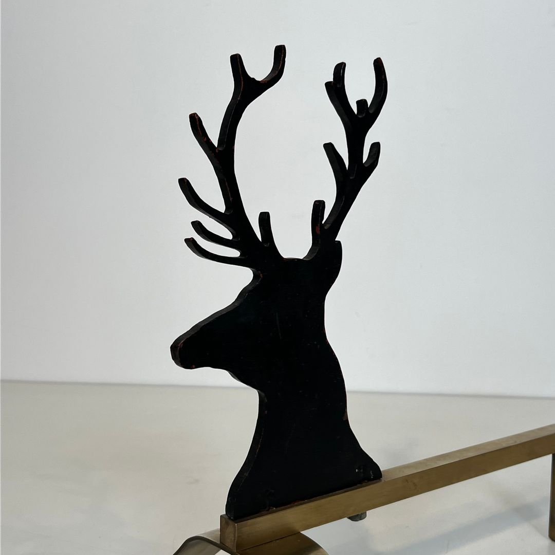 Paire de Chenets Aux Cerfs en Acier Laqué Noir et Laiton-photo-5