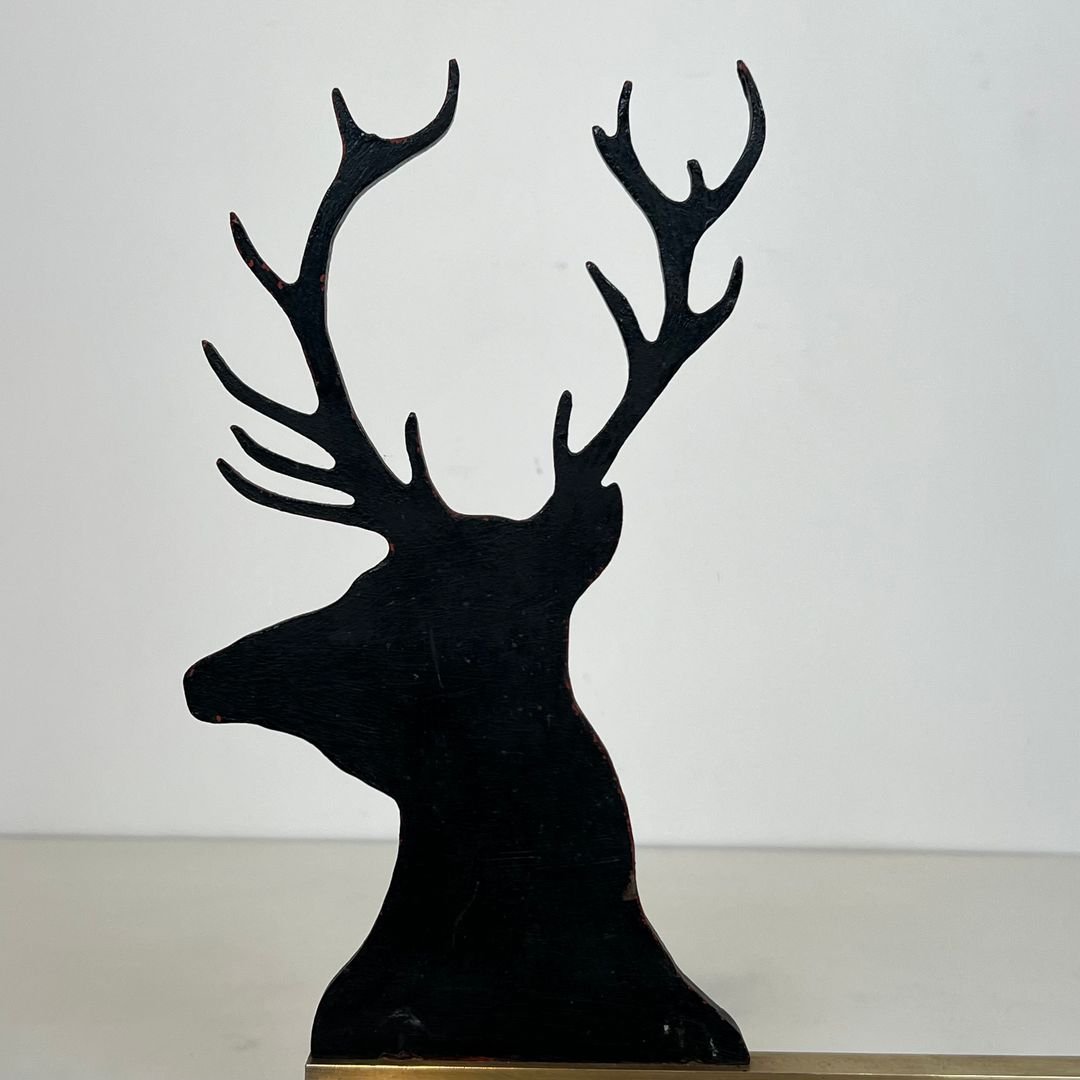 Paire de Chenets Aux Cerfs en Acier Laqué Noir et Laiton-photo-6