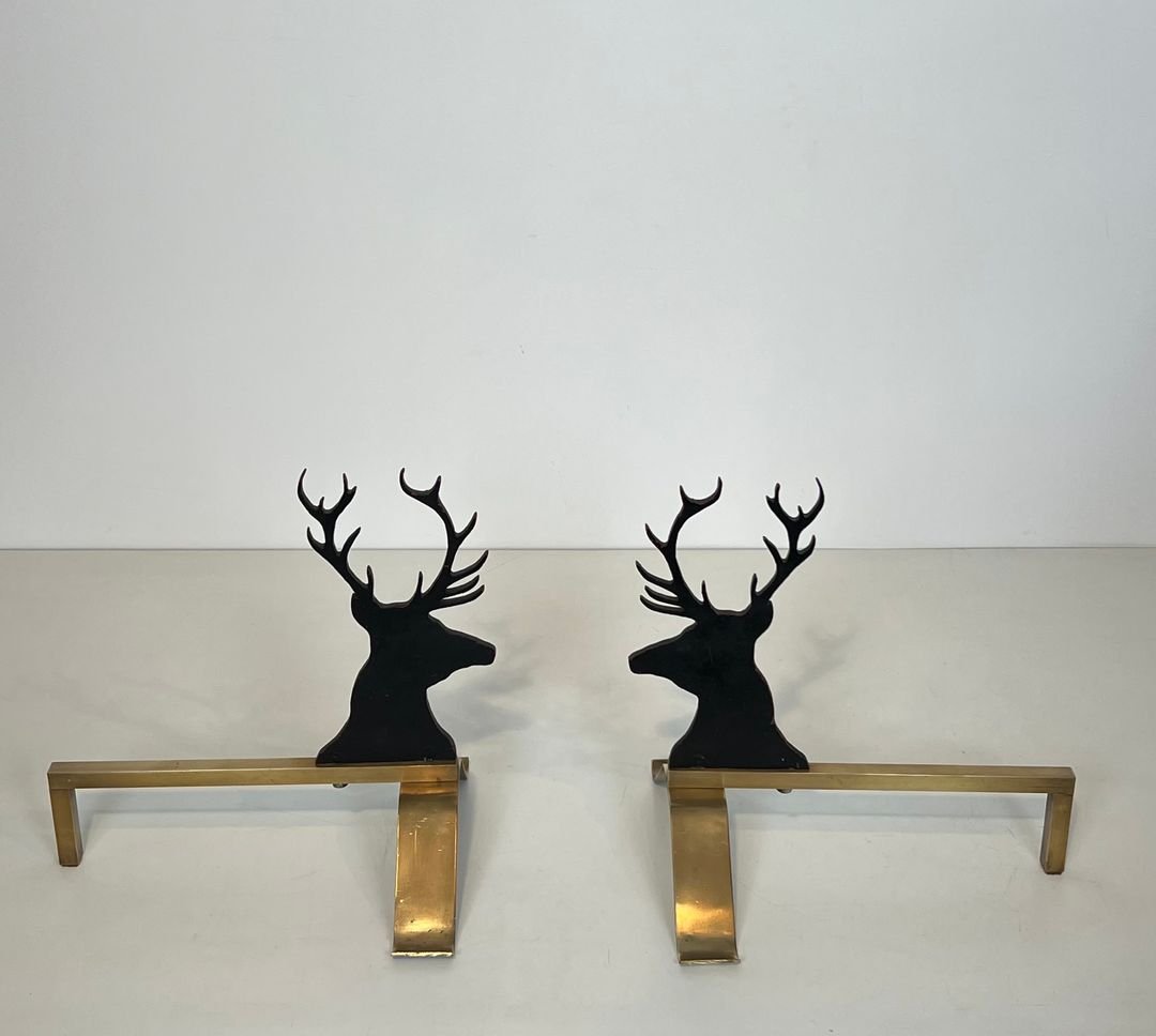 Paire de Chenets Aux Cerfs en Acier Laqué Noir et Laiton-photo-8