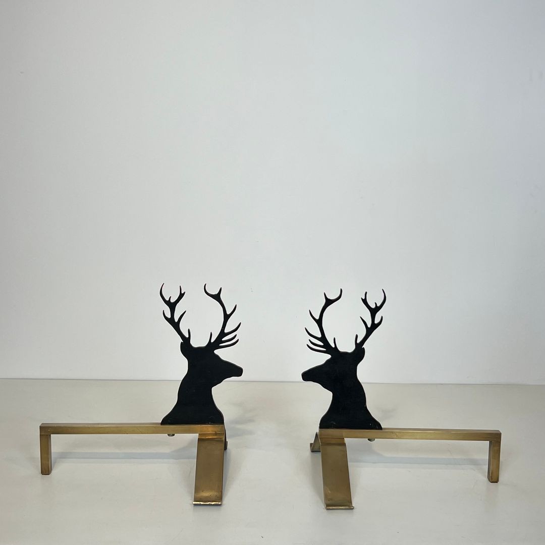 Paire de Chenets Aux Cerfs en Acier Laqué Noir et Laiton