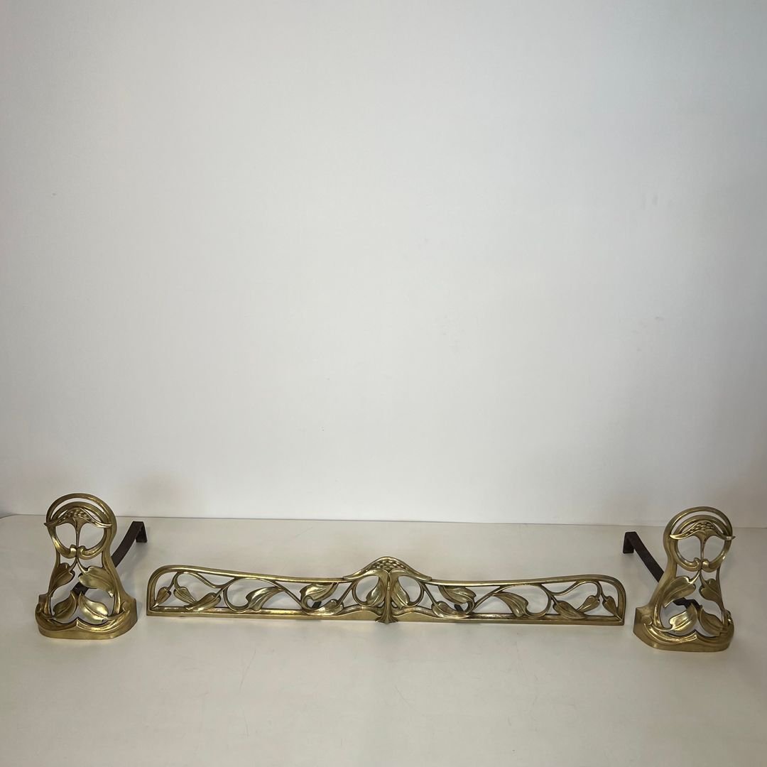 Pair Of Art Nouveau Bronze Andirons Decorated With Flowers And Foliage-photo-2