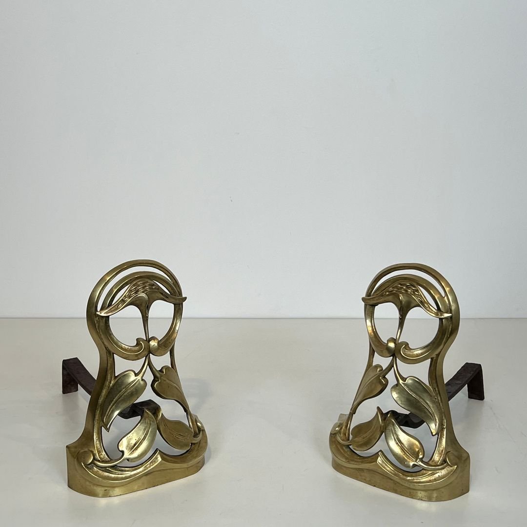 Pair Of Art Nouveau Bronze Andirons Decorated With Flowers And Foliage-photo-3