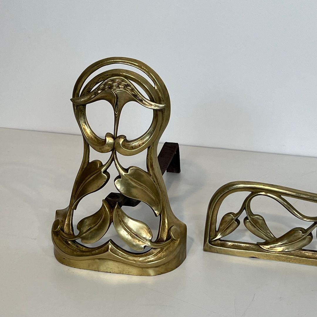 Pair Of Art Nouveau Bronze Andirons Decorated With Flowers And Foliage-photo-4
