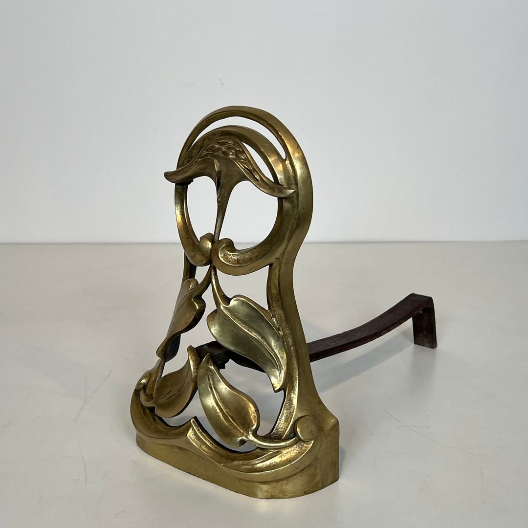Pair Of Art Nouveau Bronze Andirons Decorated With Flowers And Foliage-photo-1