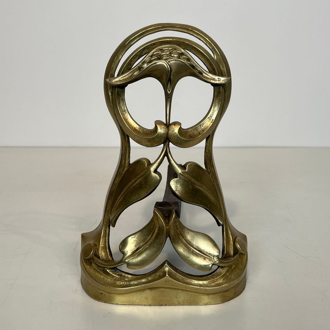 Pair Of Art Nouveau Bronze Andirons Decorated With Flowers And Foliage-photo-2