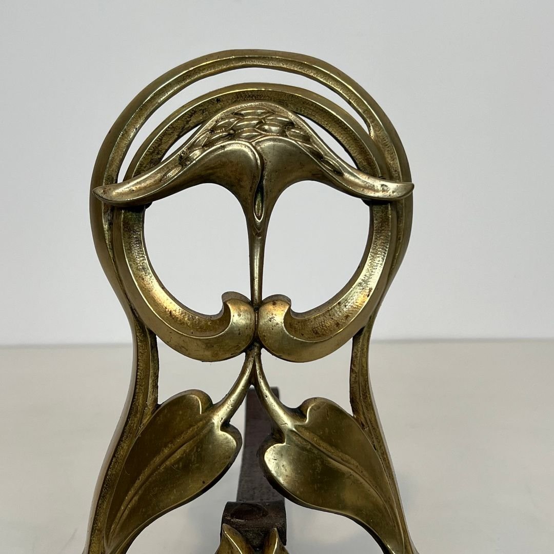 Pair Of Art Nouveau Bronze Andirons Decorated With Flowers And Foliage-photo-3