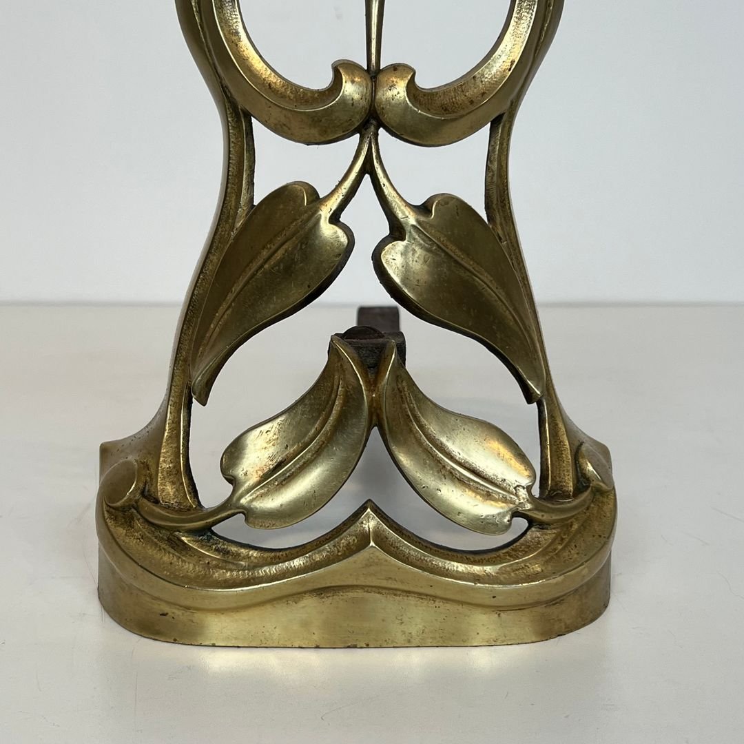 Pair Of Art Nouveau Bronze Andirons Decorated With Flowers And Foliage-photo-4