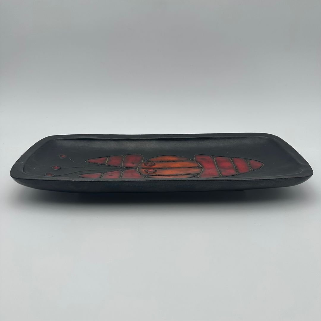 Black Ceramic Dish With Fish Decoration, By Oswald Tieberghien, Circa 1970-photo-2