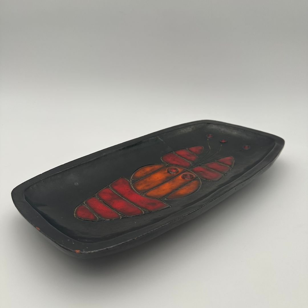 Black Ceramic Dish With Fish Decoration, By Oswald Tieberghien, Circa 1970-photo-2