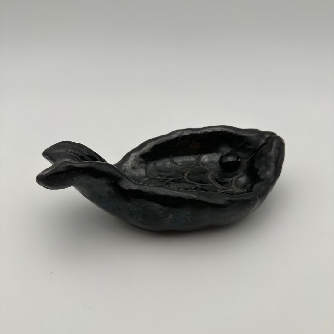 Black Ceramic Fish Vide-poche – Signed, France, Circa 1970-photo-2