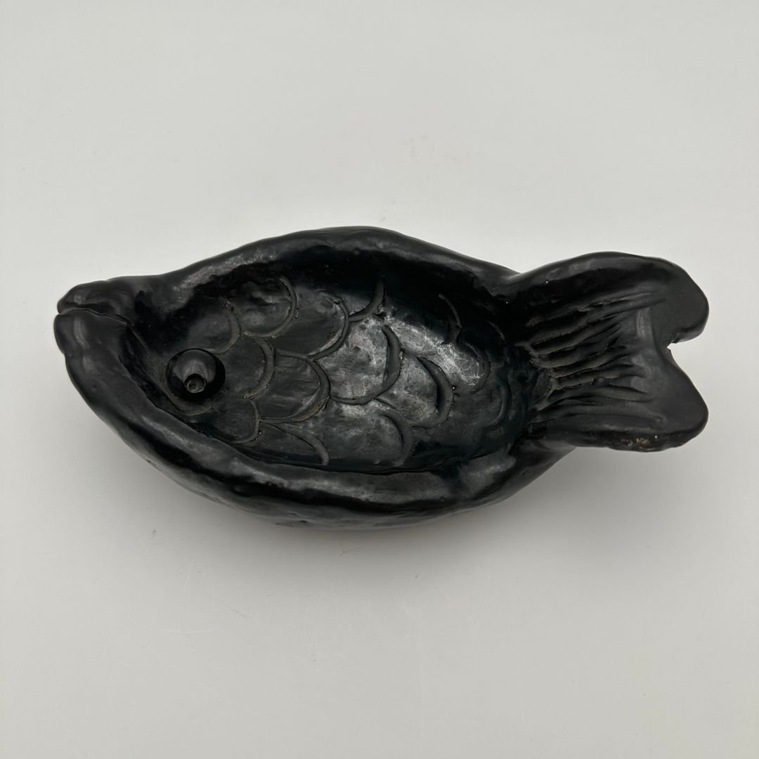 Black Ceramic Fish Vide-poche – Signed, France, Circa 1970-photo-2