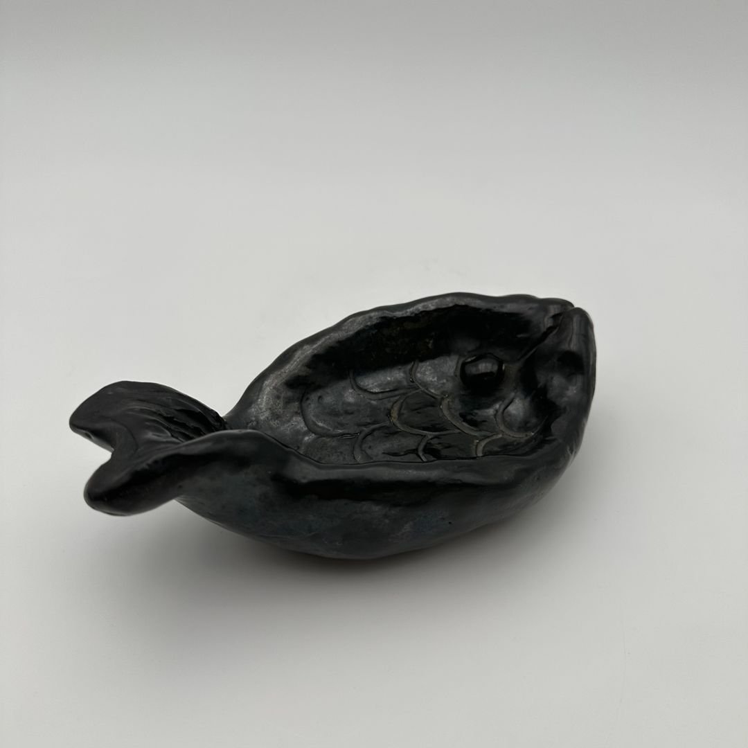 Black Ceramic Fish Vide-poche – Signed, France, Circa 1970-photo-5