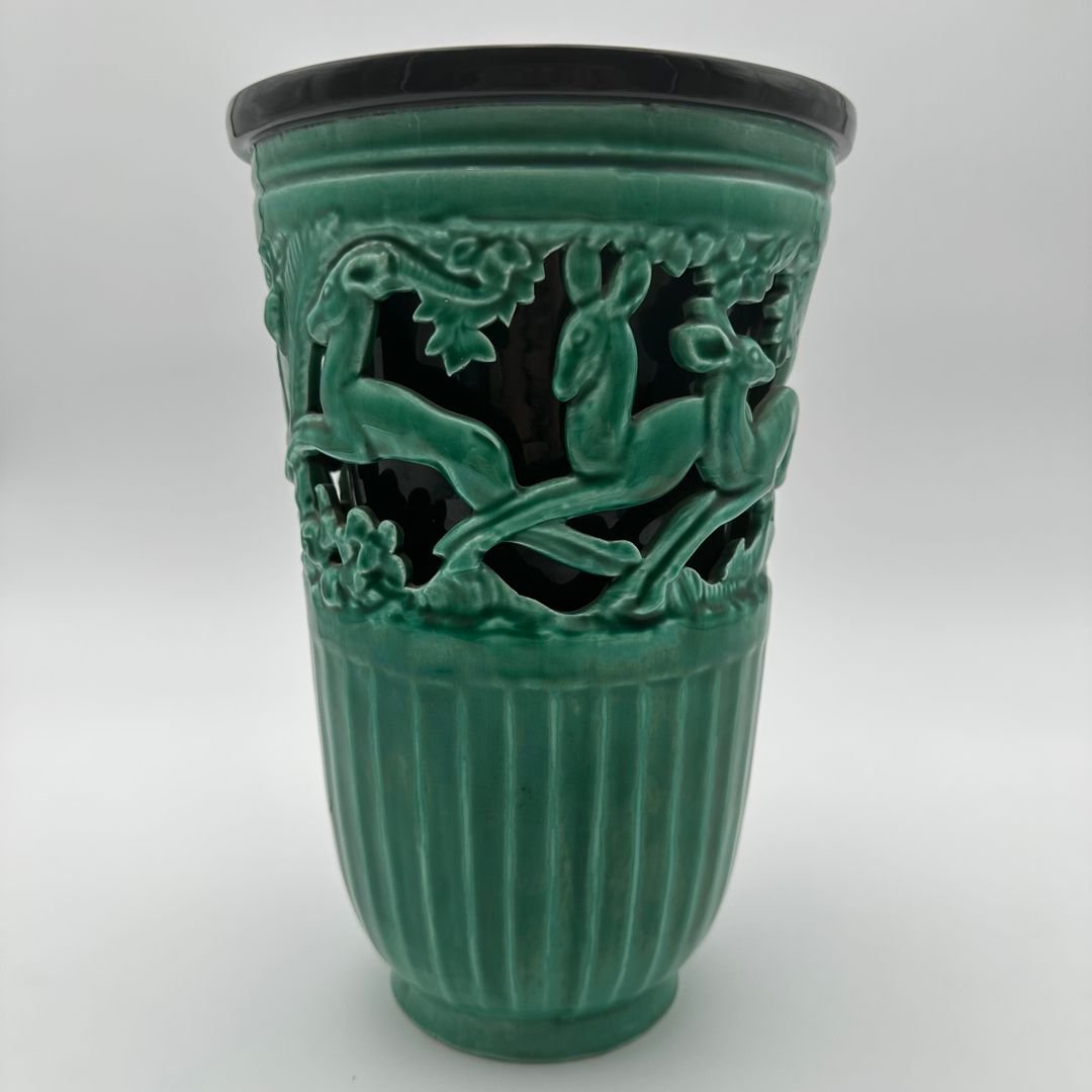 Vase en céramique verte à décor de biches – Signé de sainte radegonde,vers 1970-photo-3