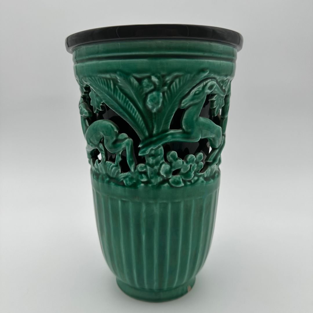 Vase en céramique verte à décor de biches – Signé de sainte radegonde,vers 1970-photo-4