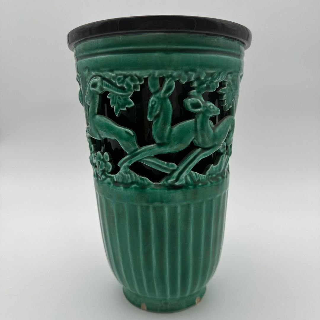 Vase en céramique verte à décor de biches – Signé de sainte radegonde,vers 1970-photo-1