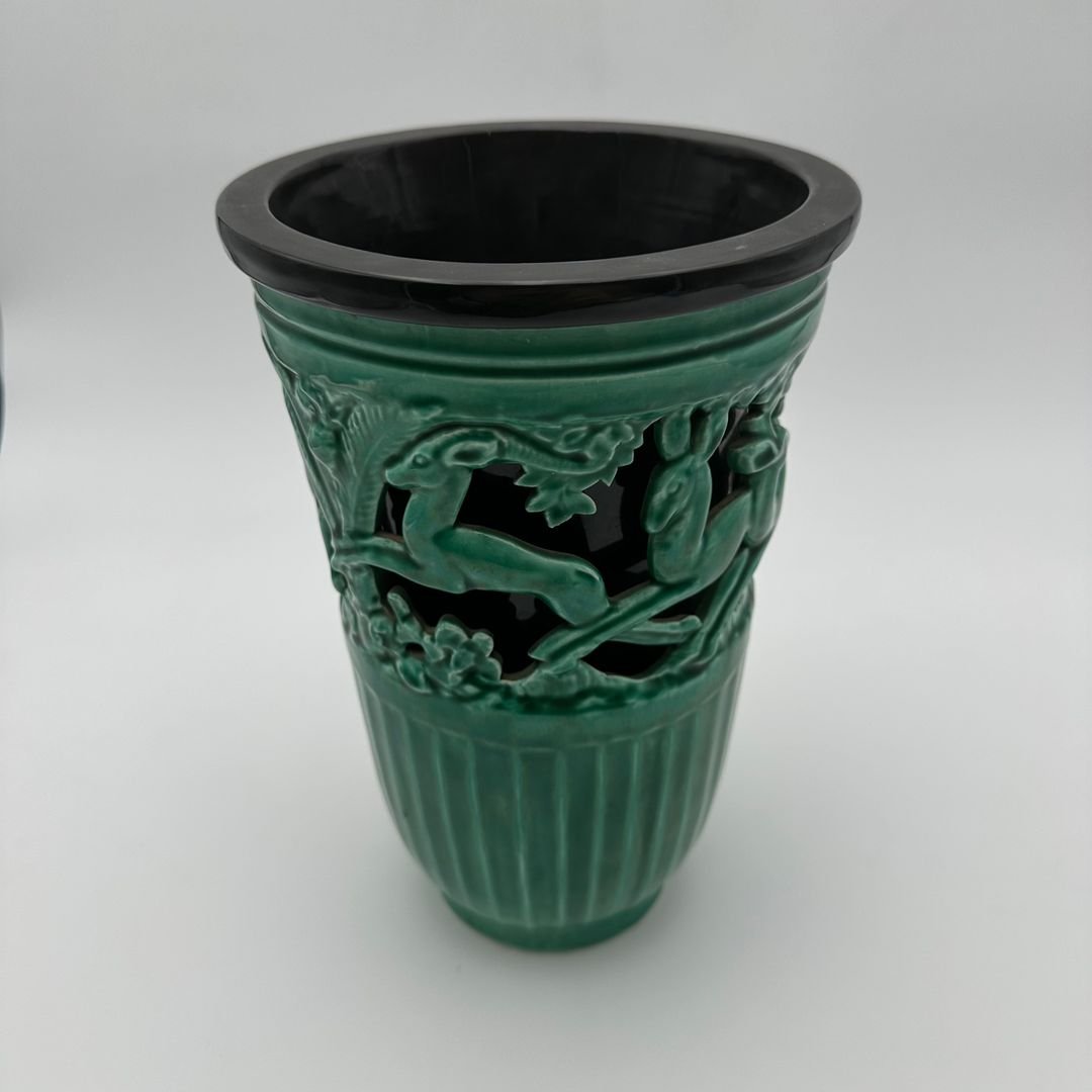 Vase en céramique verte à décor de biches – Signé de sainte radegonde,vers 1970-photo-2