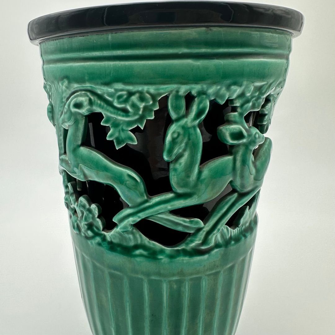 Vase en céramique verte à décor de biches – Signé de sainte radegonde,vers 1970-photo-3