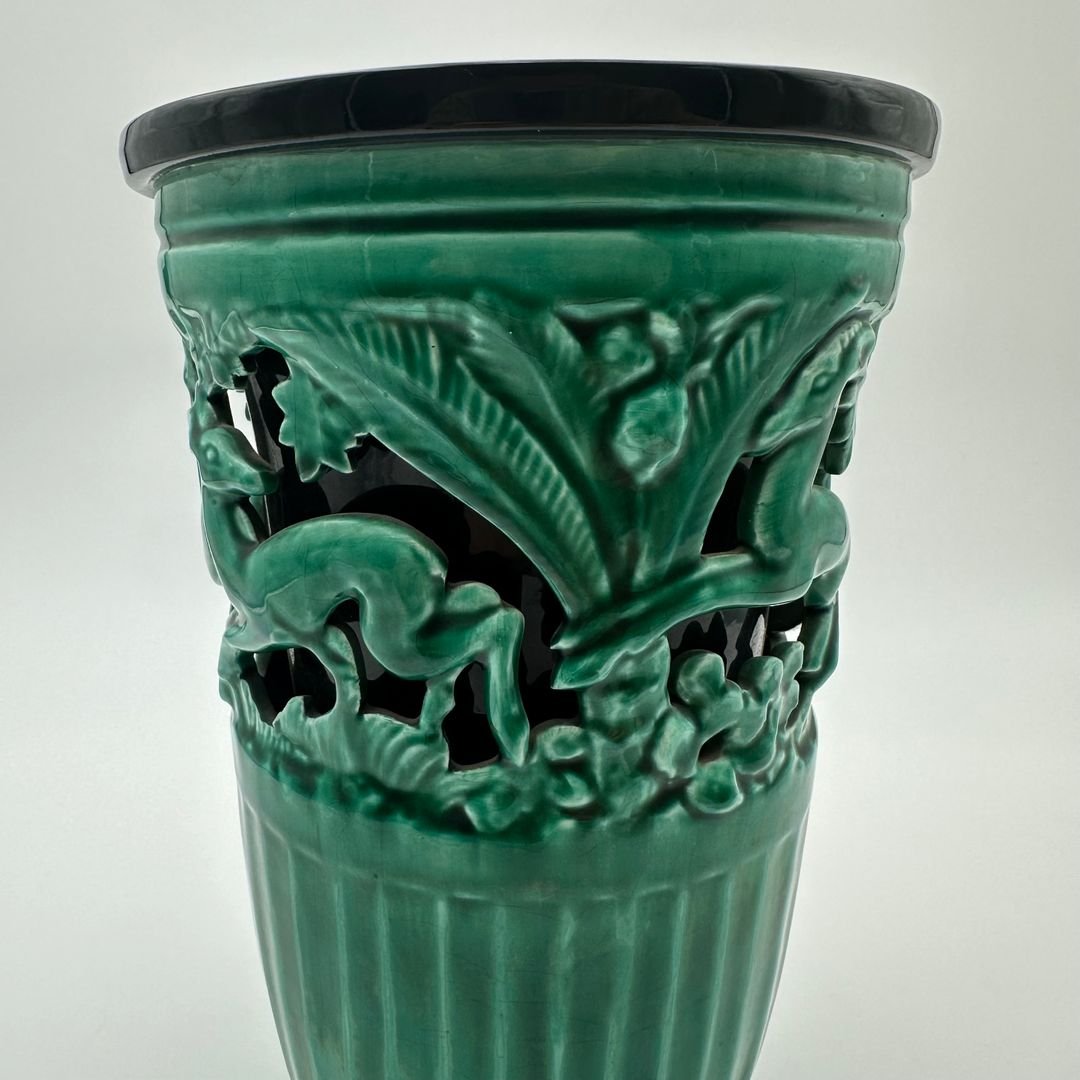 Vase en céramique verte à décor de biches – Signé de sainte radegonde,vers 1970-photo-4