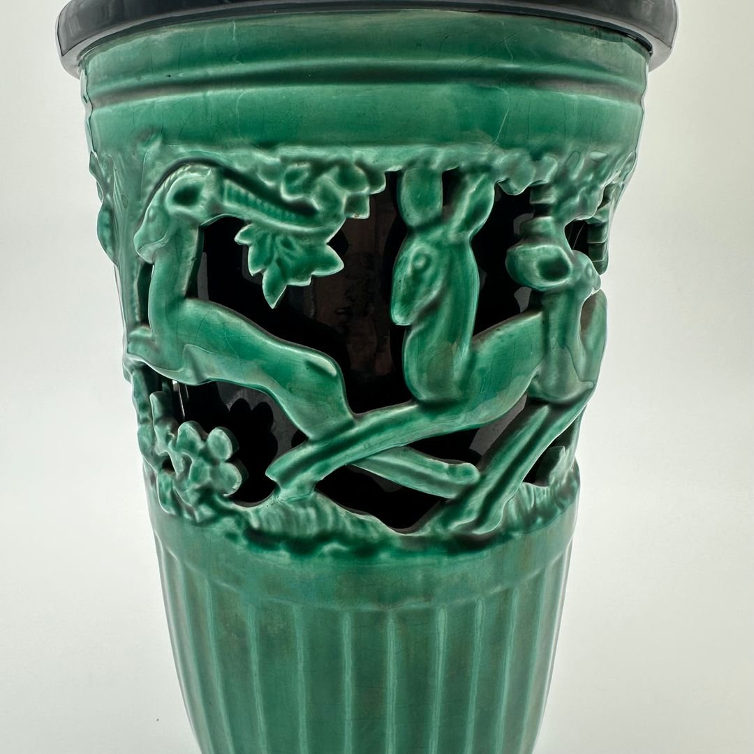 Vase en céramique verte à décor de biches – Signé de sainte radegonde,vers 1970-photo-5